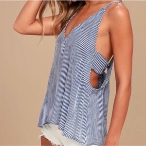 Lulu's Adrift Navy Blue and White Striped Cut Out Tank Top Size L